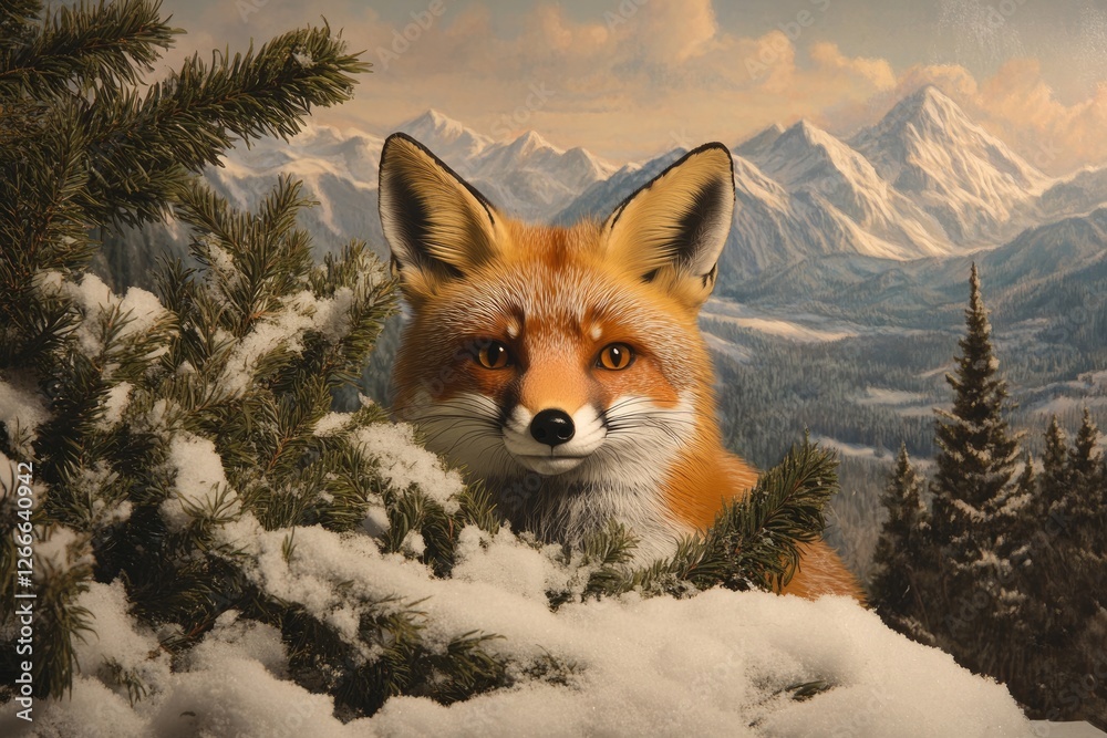 Obraz premium A red fox peeks from behind snow-covered pine branches, with a majestic snow-capped mountain range in the background.