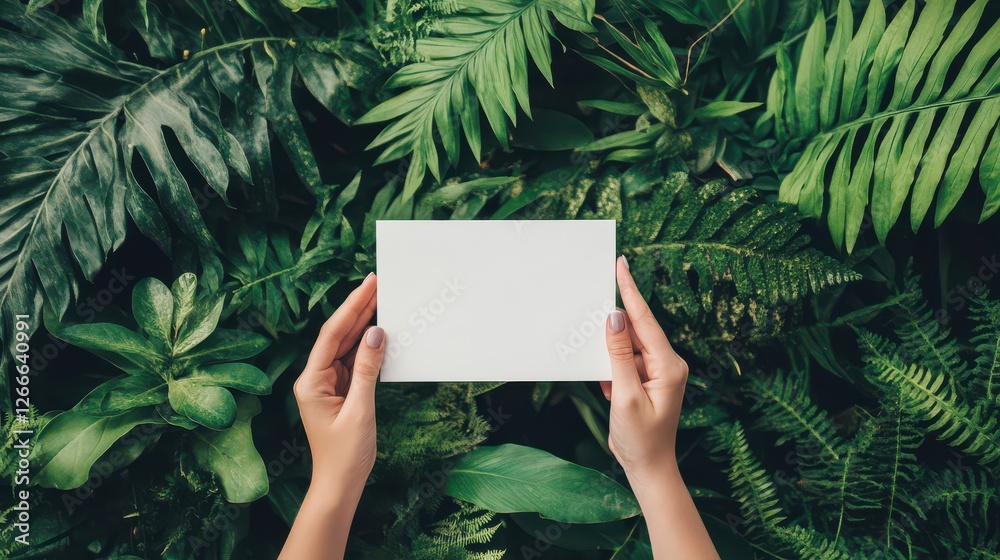 Hands Holding a Blank Card Surrounded by Lush Greenery Hands Holding a Blank Card Surrounded by Lush Greenery