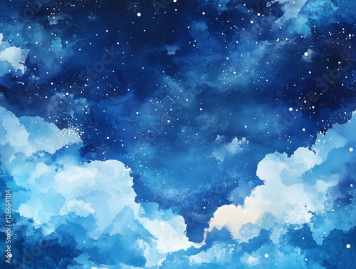 青い水彩風の空と雲と星空の背景フレーム