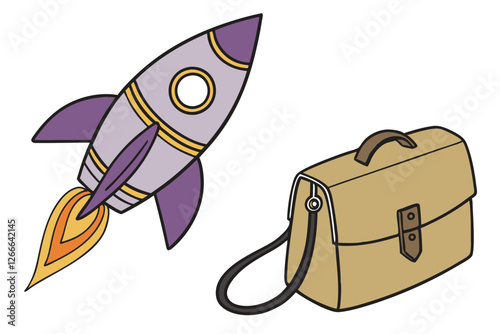 11 A digital illustration of a stylized, cartoonish rocket ship and a briefcase. The rocket ship is purple with a yellow nose cone and an orange tail. It has a black strap attached to the side. The br