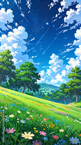 Anime summer landscape with flowers