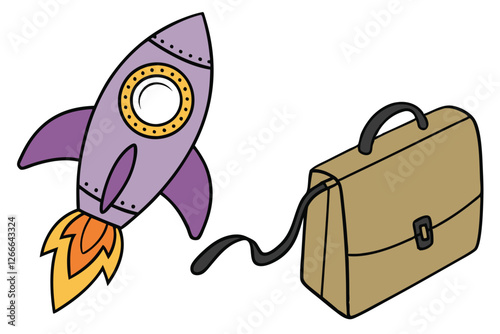 11 A digital illustration of a stylized, cartoonish rocket ship and a briefcase. The rocket ship is purple with a yellow nose cone and an orange tail. It has a black strap attached to the side. The br