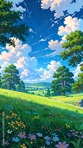 Anime landscape with green grass and blue sky