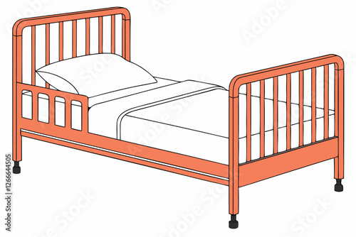  Photo of a small, modern, minimalist children's bed with a bright orange frame and white bedding. The bed has a simple, rectangular design with a headboard and footboard, and it sits on four black 