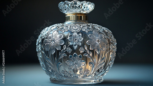 Perfume bottle with intricate design. Cosmetic beauty glass container. Crystal decanter of cologne. Eau de toilette