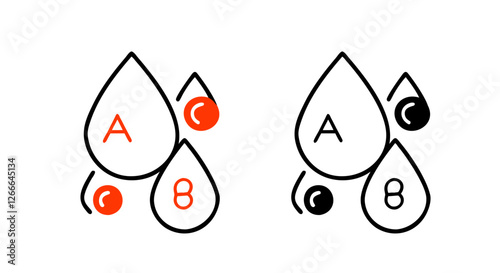 Blood group symbols "A" and "B" in a blood drop, red and black designs for donation awareness 