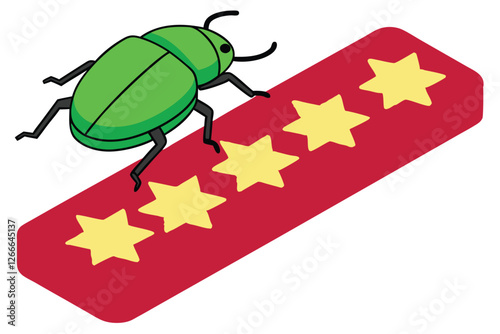   A colorful toy with a green, plastic beetle on top and a red, plastic bar with five yellow star shapes underneath. The beetle has black antennae and legs. The toy is set against a plain white backg