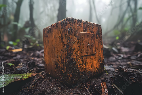 Rusty cube in misty jungle. Close-up. Potential use for nature, travel photo