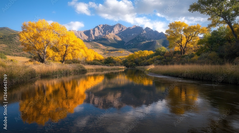 Autumnal river reflection, mountain backdrop, golden aspen trees, peaceful nature scene Autumnal river reflection, mountain backdrop, golden aspen trees, peaceful nature scene