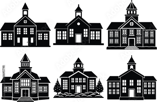 school building silhouette set, educational building silhouette vector