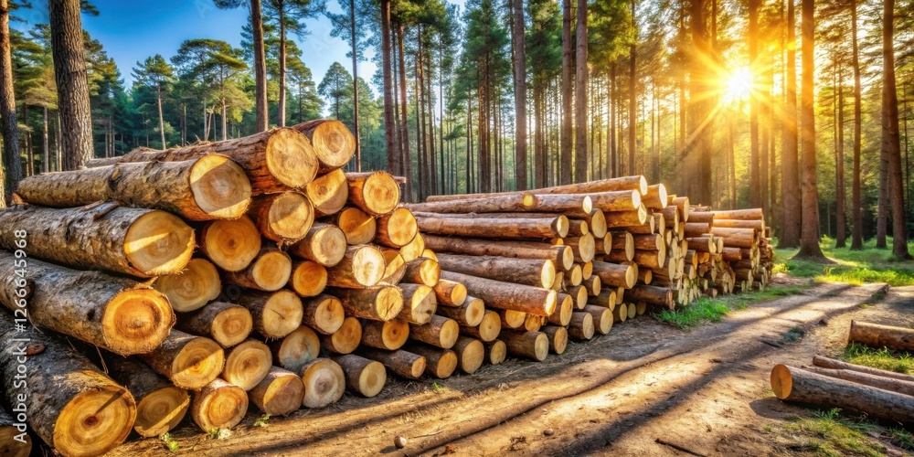 Sunlit Forest Harvesting Stacks of freshly cut logs basking in the golden hour light, nestled amongst towering evergreen trees. Sunlit Forest Harvesting Stacks of freshly cut logs basking in the golden hour light, nestled amongst towering evergreen trees.