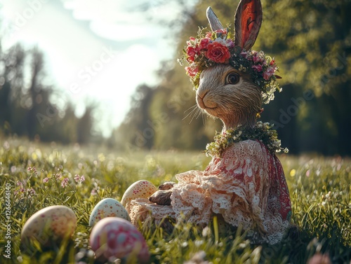 Wallpaper Mural Easter bunny in floral dress sitting amidst colorful eggs Torontodigital.ca