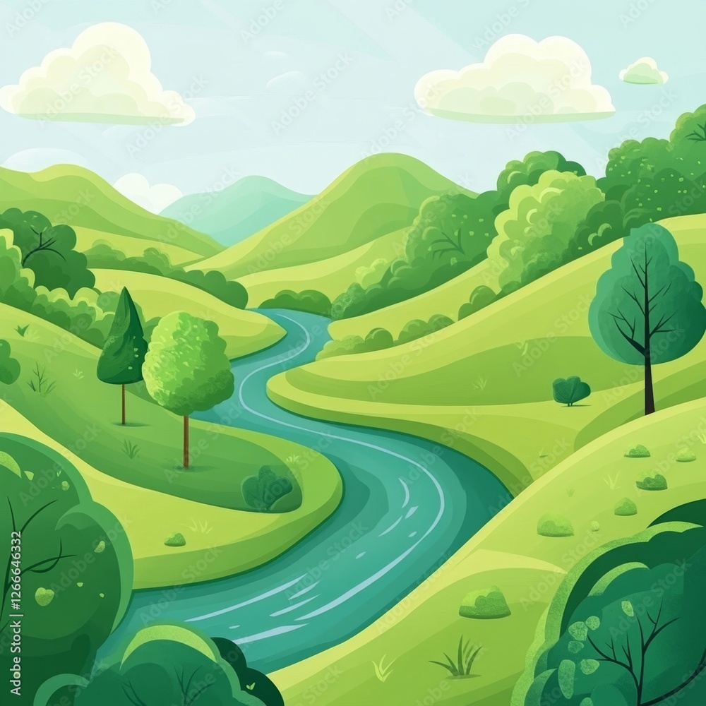 Fototapeta premium Serene River Flowing Through Lush Green Landscape Under Blue Sky