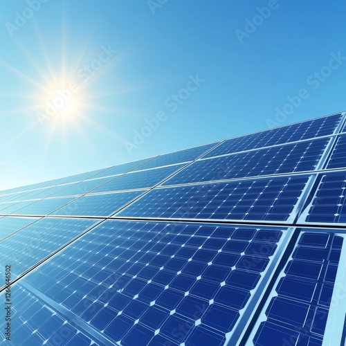 Solar Panel Array Under Bright Sunlight in Clear Blue Sky