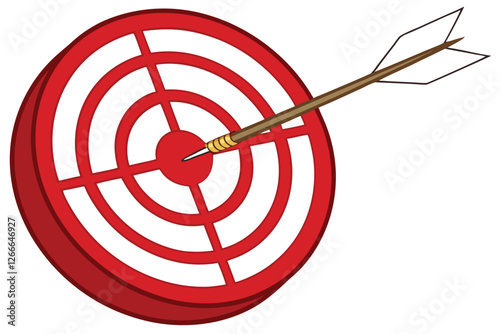  A photograph of a bright red circular target with four cross-shaped sections, featuring a wooden arrow with a white fletched end and a gold tip, lodged in the target. The arrow is angled diagonally