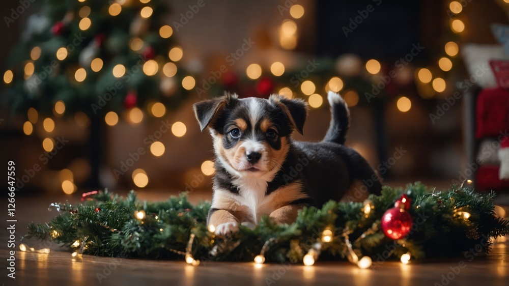 A playful puppy rests on festive greenery with lights and ornaments, capturing holiday spirit. A playful puppy rests on festive greenery with lights and ornaments, capturing holiday spirit.