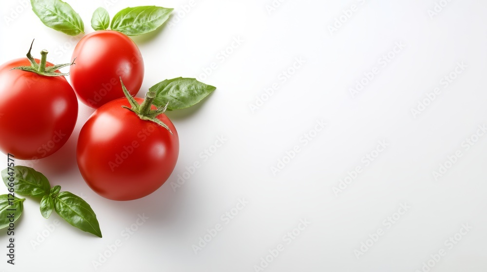 Ripe red tomatoes and fresh green basil leaves on a clean white background, culinary delight Ripe red tomatoes and fresh green basil leaves on a clean white background, culinary delight