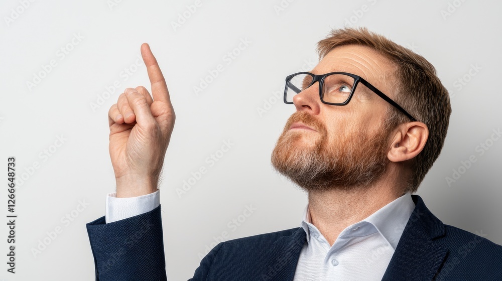 Man with glasses points upward, indicating or directing attention to the sky, a visual representation of focus and message Man with glasses points upward, indicating or directing attention to the sky, a visual representation of focus and message