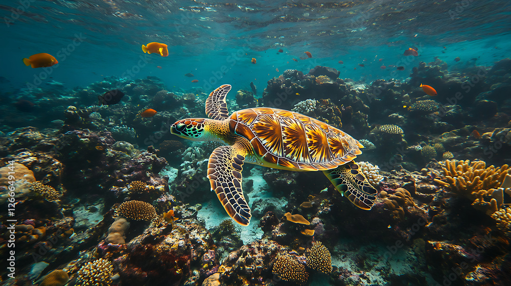 Obraz premium A vibrant coral reef teeming with colorful fish, sea turtles, and other marine creatures swimming gracefully in crystal-clear water