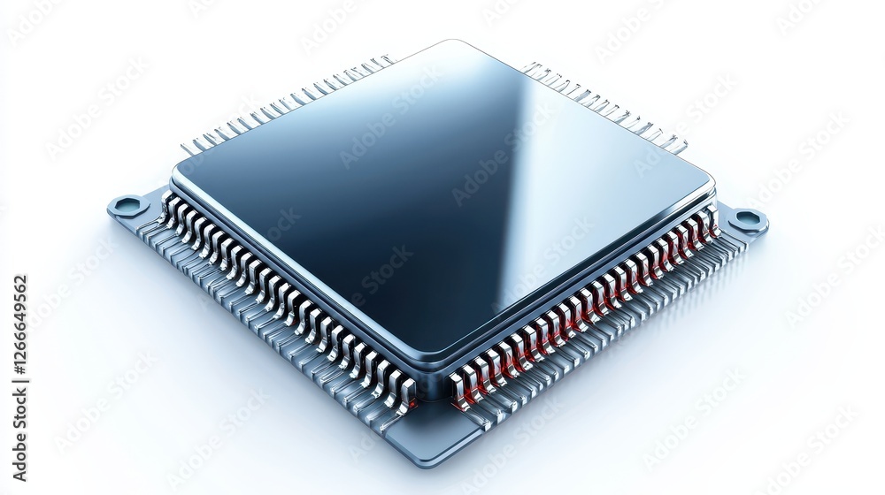 Intricate circuitry and red chip, exploring the complexities of a semiconductor device in closeup Intricate circuitry and red chip, exploring the complexities of a semiconductor device in closeup