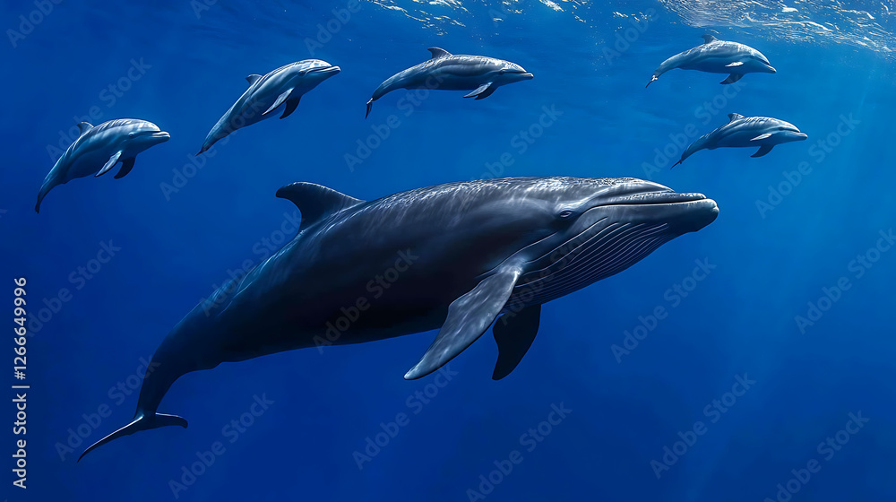 Fototapeta premium A giant whale gliding through the deep blue sea, accompanied by a group of playful dolphins in a breathtaking underwater scene 