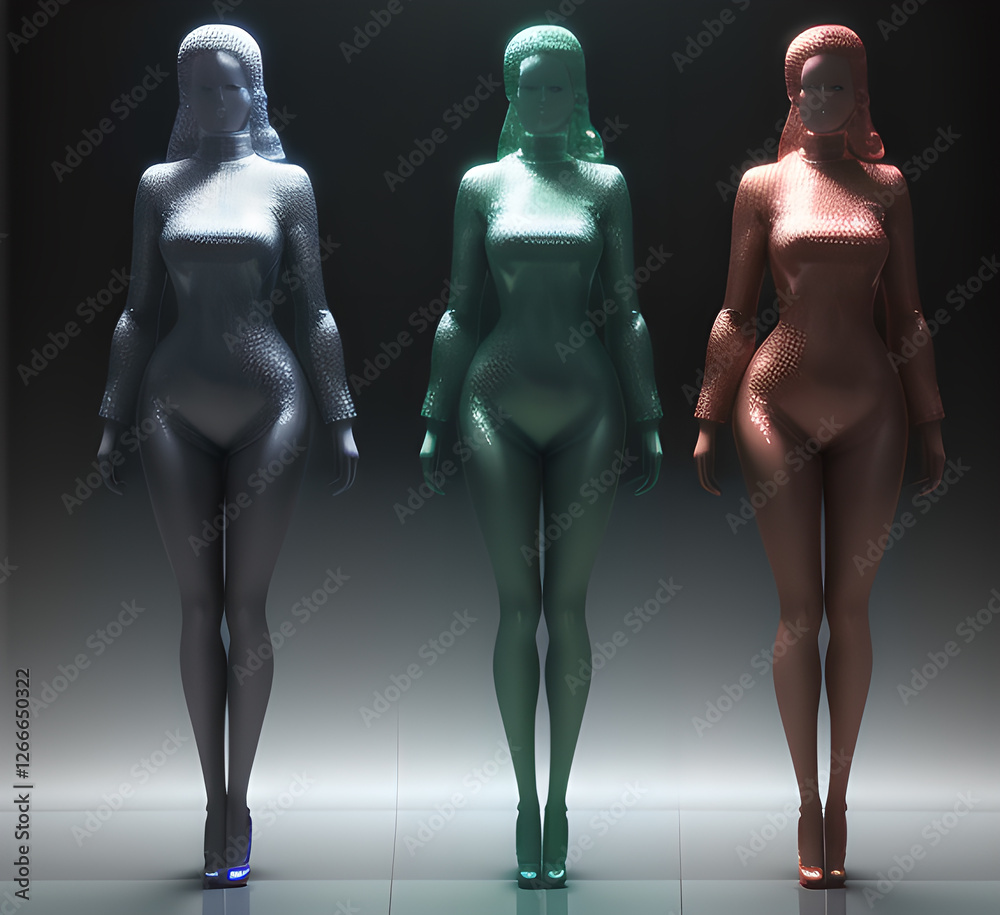 Obraz premium Abstract surrealistic illustration of glass statue several people standing in pose.Concept project.mindfulness and meditation.Futuristic. cyberpunk.innovation different types of poses.generative ai