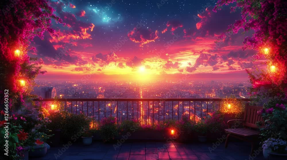 A vibrant sunset view over a cityscape from a balcony adorned with plants and lights. Seamless looping 4k video background A vibrant sunset view over a cityscape from a balcony adorned with plants and lights. Seamless looping 4k video background