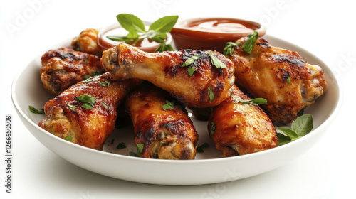 Delicious grilled chicken drumsticks garnished with herbs and sauces