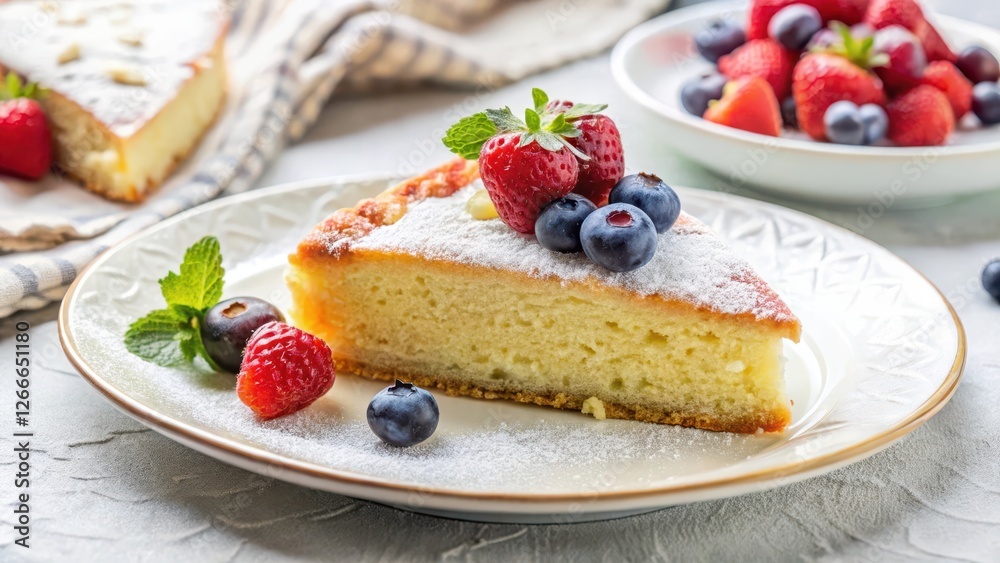 Slice of almond cake on a plate served on a white tablecloth, garnished with fresh berries and a sprinkle of powdered sugar, pastel colors, fine dining Slice of almond cake on a plate served on a white tablecloth, garnished with fresh berries and a sprinkle of powdered sugar, pastel colors, fine dining