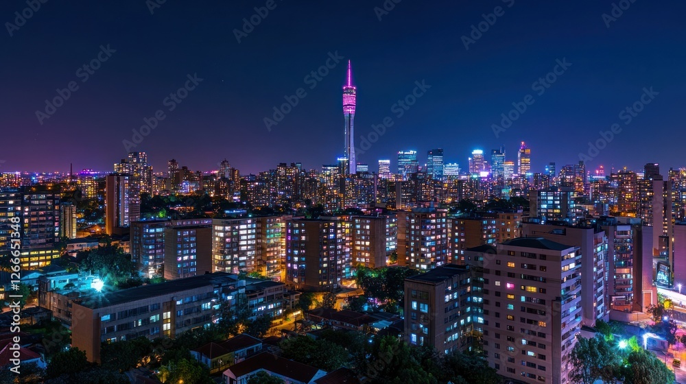 Fototapeta premium A vibrant city skyline at night, showcasing illuminated buildings and a tall tower.