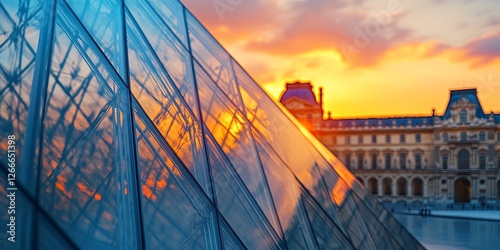 Glass pyramid of louvre museum reflecting dramatic sunset in paris, france