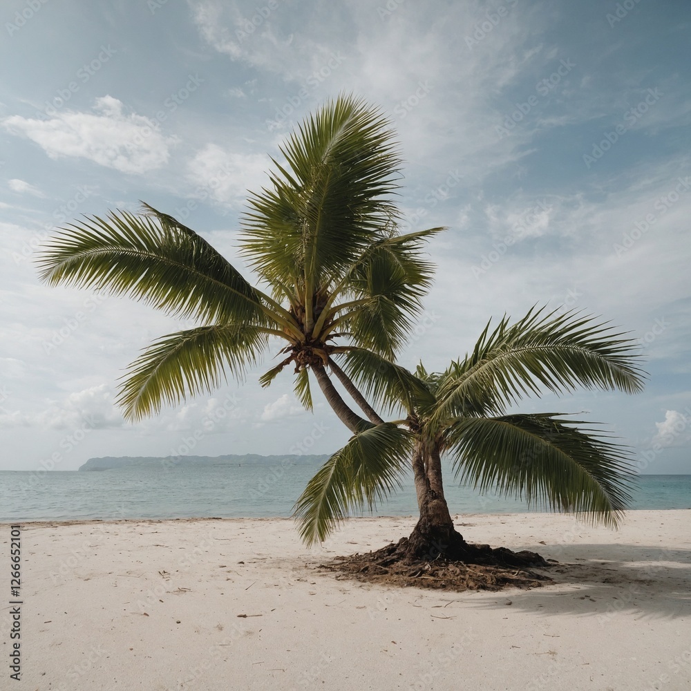 Obraz premium A side view of a slightly bent coconut tree with detailed textures on a blank background.