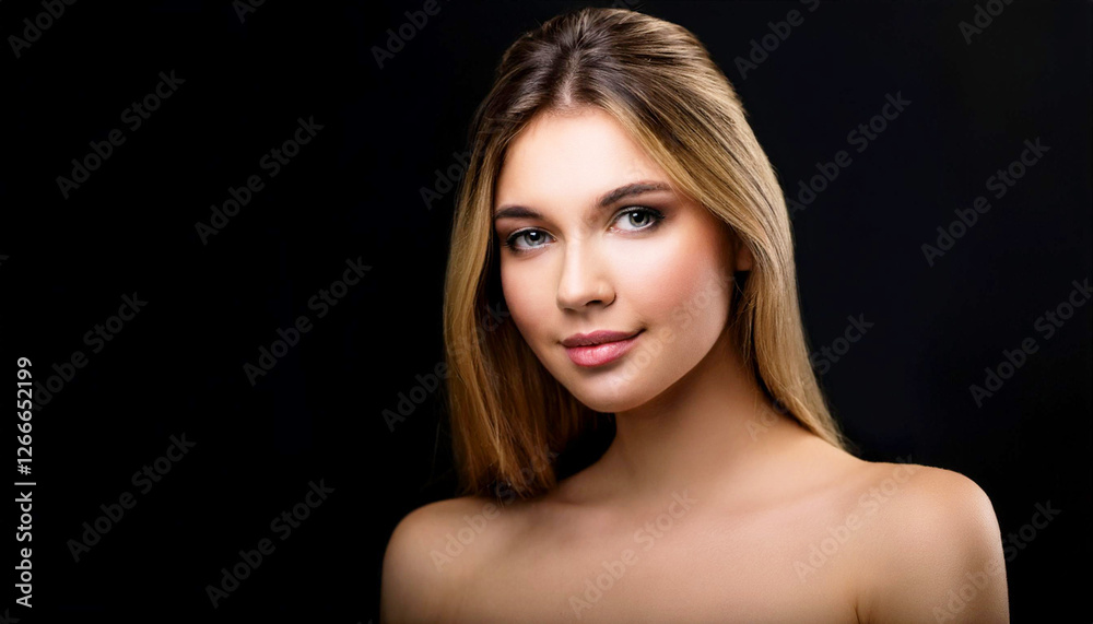 Portrait of a young woman with wavy brown hair, natural makeup, and confident expression, posing against a black background Portrait of a young woman with wavy brown hair, natural makeup, and confident expression, posing against a black background