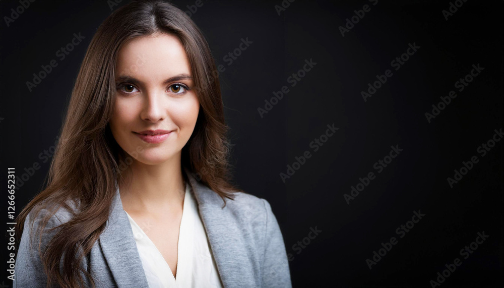 Portrait of a young woman with wavy brown hair, natural makeup, and confident expression, posing against a black background Portrait of a young woman with wavy brown hair, natural makeup, and confident expression, posing against a black background