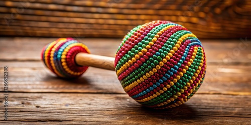 Vibrant shekere rattle on wooden background with natural colors and textures, AfroCaribbean music, wooden decoration photo