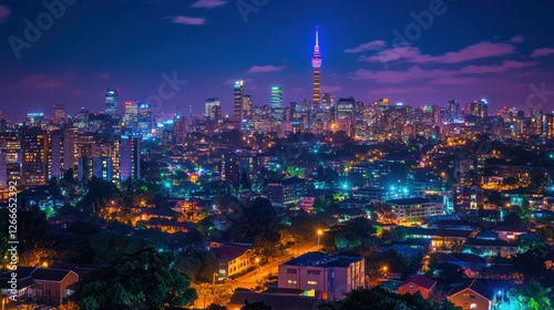 Wallpaper Mural Night view of a vibrant city skyline illuminated with colorful lights. Torontodigital.ca