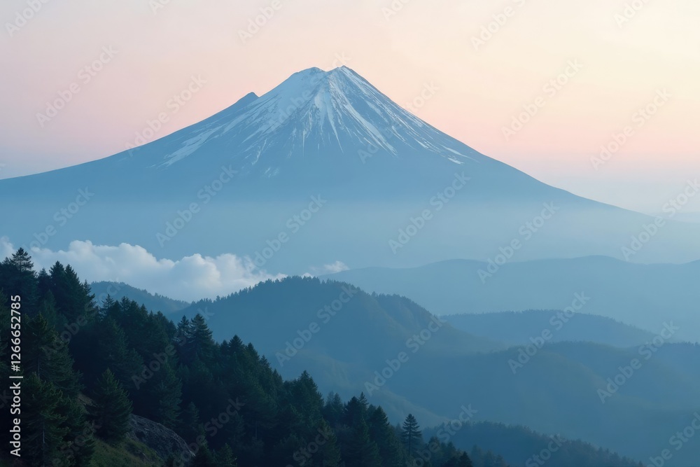 Foggy peak misty veil rises from mountain summit, fog, serene, nature Foggy peak misty veil rises from mountain summit, fog, serene, nature