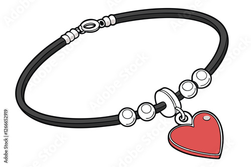  Photograph of a black rubber choker necklace with a silver clasp, featuring four silver ball charms evenly spaced along the length of the necklace. The necklace has a bright red heart pendant hangi
