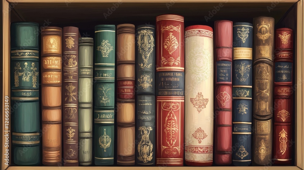 Antique Bookshelf Displaying Ornate Leather Bound Volumes