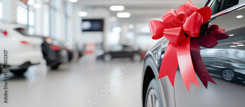 New car in a car showroom with a bright red bow and a 