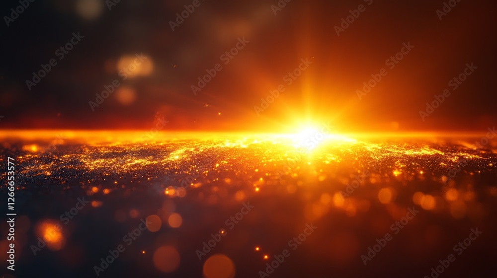 Fototapeta premium Vibrant orange sunrise over glittering horizon.