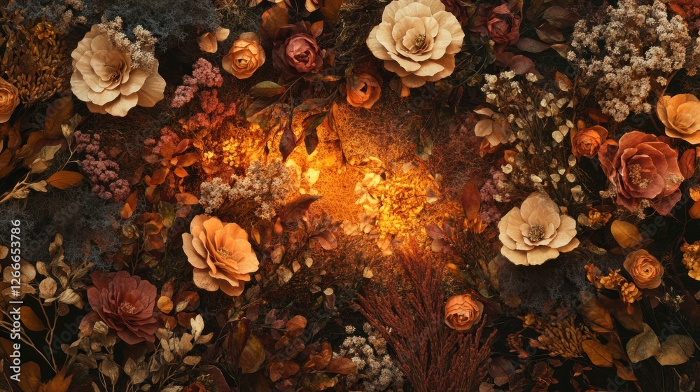 Fototapeta premium A vibrant arrangement of dried flowers and foliage with warm lighting.