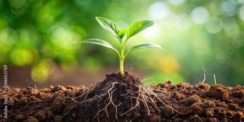 New roots growing from a piece of plant stem in damp earth, greenery, organic life