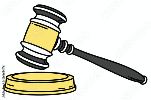   A digital illustration of a 3D gavel, rendered in a cartoon style. The gavel is primarily yellow with a black handle and a metallic silver base. The handle is shaped like a rectangle with rounded e