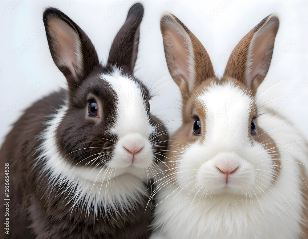 Fototapeta premium Two adorable baby rabbits against a plain background.