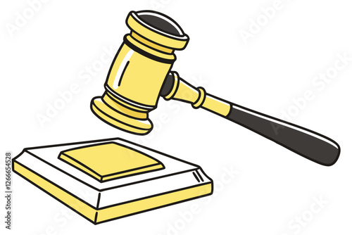  A digital illustration of a 3D gavel, rendered in a cartoon style. The gavel is primarily yellow with a black handle and a metallic silver base. The handle is shaped like a rectangle with rounded e