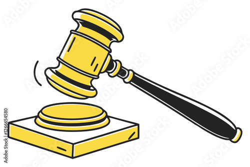   A digital illustration of a 3D gavel, rendered in a cartoon style. The gavel is primarily yellow with a black handle and a metallic silver base. The handle is shaped like a rectangle with rounded e