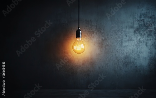 A solitary hanging light bulb in a small, dark room, illuminating the bare walls with a soft glow, minimalistic and isolated atmosphere, realistic lighting and shadows
