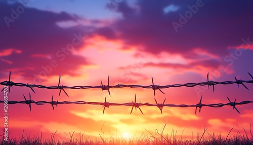 Barbed wire fence under a bright sky, metal wires with sharp tips forming a secure boundary, clear emphasis on protection and security, ultrarealistic outdoor scene photo