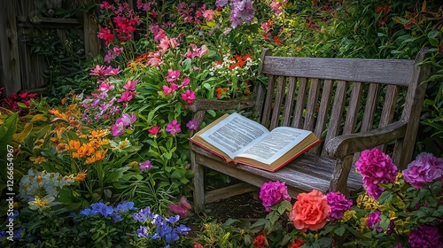 Serene Garden Scene Book on Bench Amidst Blooming Flowers